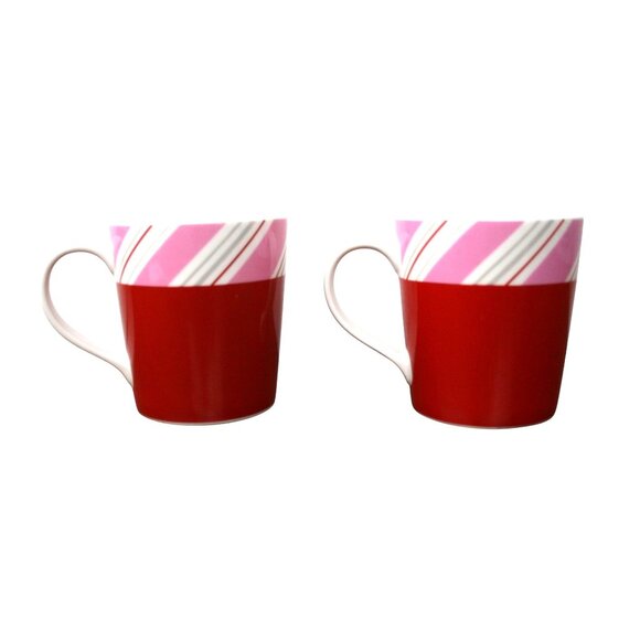 Starbucks Holiday 2007 Ceramic Mugs Red & Pink Candy Cane Stripe Design Set Of 2 - Picture 2 of 6